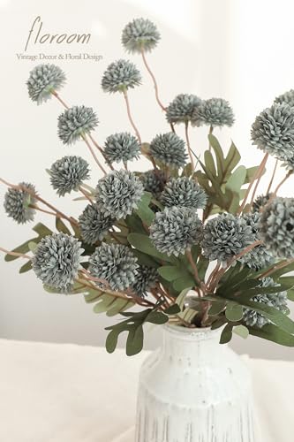 5pcs Dusty Sage Green Faux Silk Mums Artificial Flowers (25 Count)
