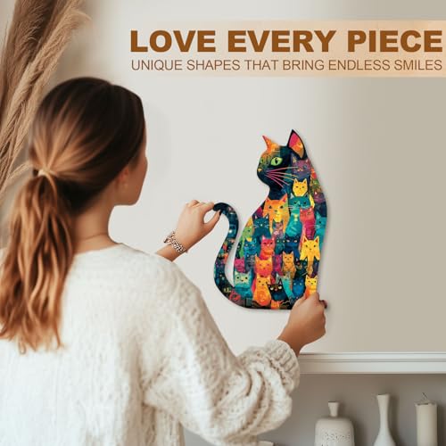 Mosaic Many Faces Sitting Black Cat Puzzles Adults Gifts Wooden 175 Pieces 14.4 * 9.2in