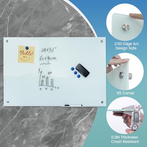 Glass Whiteboard 36"X24" Magnetic Dry Erase Board Frameless Wall Mounted White Board WritingBoard for Office School Home Accessory Tray