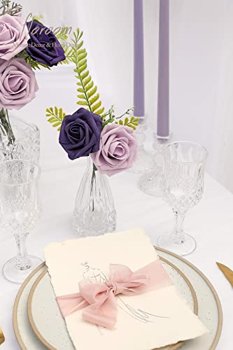 Artificial Flowers 25pcs Real Looking Lilac & Purple Foam Fake Roses with Stems for DIY Wedding Bouquets Bridal Shower Centerpieces Floral Arrangements Party Tables Home Decorations (25 Count)