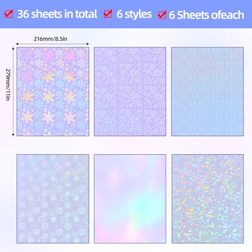 36 Sheets Holographic Laminate Sheets 8.5x11 Inch Self Adhesive 6 Patterns (36 Count)