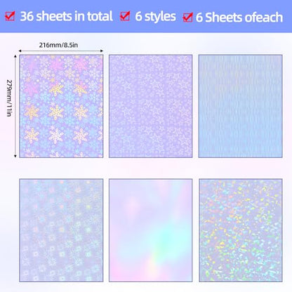 36 Sheets Holographic Laminate Sheets 8.5x11 Inch Self Adhesive 6 Patterns (36 Count)