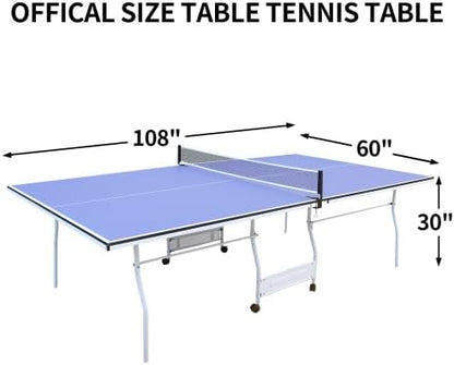 8ft/9ft Mid-Size Table Tennis Table Foldable & Portable Ping Pong Table Set for Indoor Games with Net, 2 Table Tennis Paddles and 3 Balls