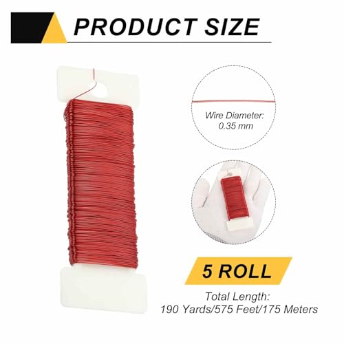 190 Yards 575 Feet 27 Gauge Metal Floral Wire Red Flexible Paddle Thin Floral Wires for Craft (5 Count)