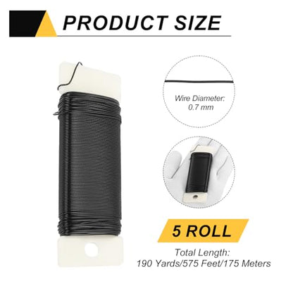 190 Yards 575 Feet Metal Floral Wire 21 Gauge Black Flexible Paddle Thin Floral Wires for Craft (5 Count)