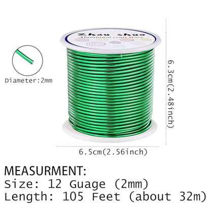 12 Gauge(2mm) Aluminum Wire 35 Yards Anodized Metal Wire for Bonsai Armature Crafting Sculpting Jewelry Craft Making Beading Floral (Green, 12 Gauge) (105 Foot)