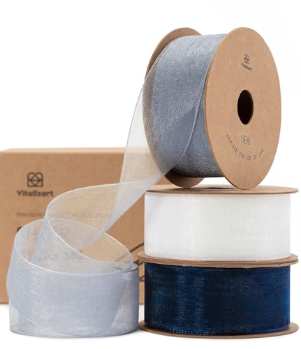 Organza Ribbon 1" x 30 Yd Sheer Gift Wrapping Blue & White (90 Foot)