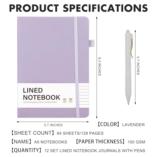 12 Set Lined Notebook Journals with Pens A5 Notebooks 100 GSM College Ruled Hardcover Notebook PU Leather Notepad with Pen Holder for Office School (60 Count)