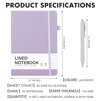 12 Set Lined Notebook Journals with Pens A5 Notebooks 100 GSM College Ruled Hardcover Notebook PU Leather Notepad with Pen Holder for Office School (60 Count)