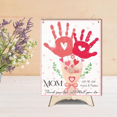 Mom Pink Floral Bouquet DIY Baby Handprints Art Craft Handprint Making Sign