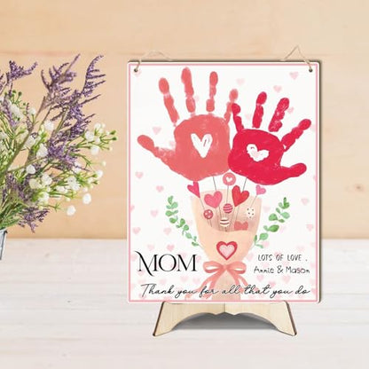 Mom Pink Floral Bouquet DIY Baby Handprints Art Craft Handprint Making Sign