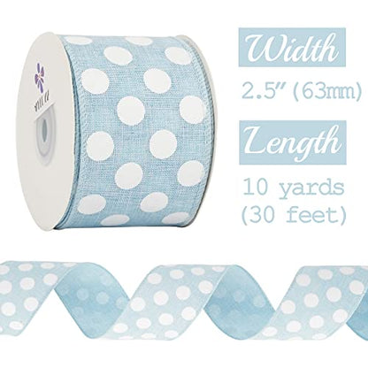 Blue Burlap Ribbon 2.5 Inch with White Polka Dot Blue White Wired Ribbon for Baby Boy Wreaths and Showers (30 Foot)