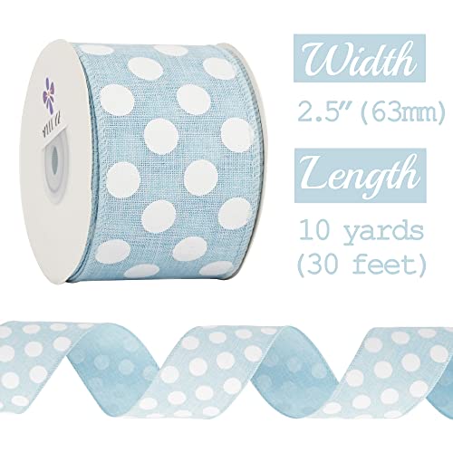 Blue Burlap Ribbon 2.5 Inch with White Polka Dot Blue White Wired Ribbon for Baby Boy Wreaths and Showers (30 Foot)
