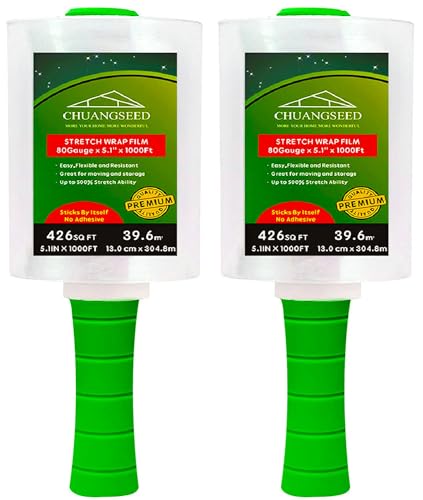 2 Pack Industrial Mini Clear Stretch Wrap Film 80 Gauge 5.1" 1000ft for Pallet Wrap with Plastic Handle
