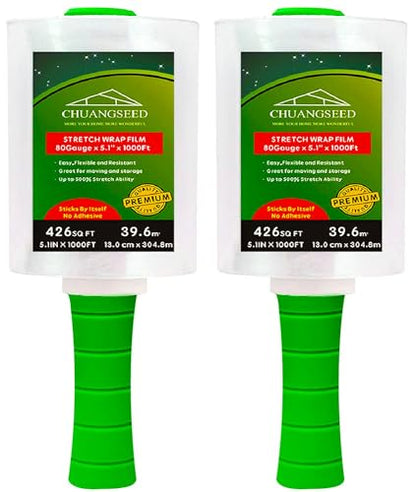 2 Pack Industrial Mini Clear Stretch Wrap Film 80 Gauge 5.1" 1000ft for Pallet Wrap with Plastic Handle
