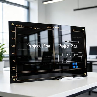 Glass Whiteboard 24"X36" Weekly Calendar Blackboard Magnetic Planner WritingBoard Dry Erase Board Frameless White Board for Office School Home Tray