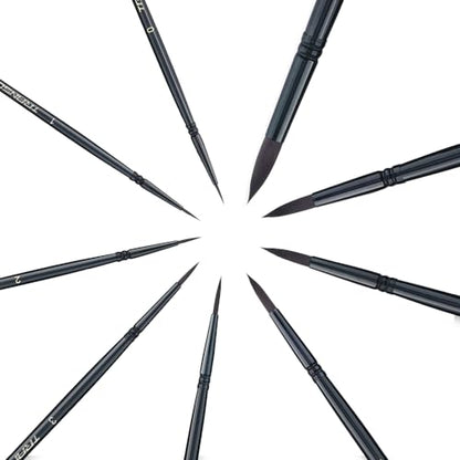Round Paint Brush Set 9pcs Synthetic Sable Hair for Acrylic Painting Watercolor Painting Gouache Ink Craft and Detail Painting Black Color (9 Count)