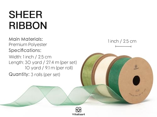 Organza Ribbon 1" x 30 Yd Sheer Gift Wrapping Green & Cream (90 Foot)