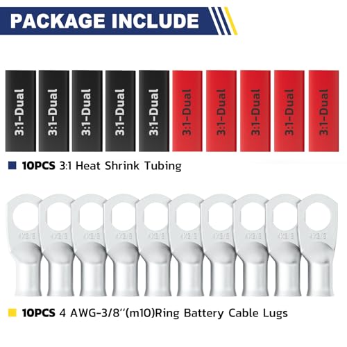 20PCS Battery Cable Lug & Heat Shrink Kit 4 AWG 3 (10 Count)