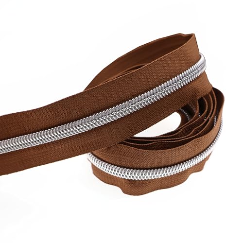 5 Silver Metallic Nylon Coil Zippers by The Yard Bulk 10 Yards Brown Zipper Tape with 25pcs Silver Ring Pull Sliders for DIY Sewing Tailor Craft Bag
