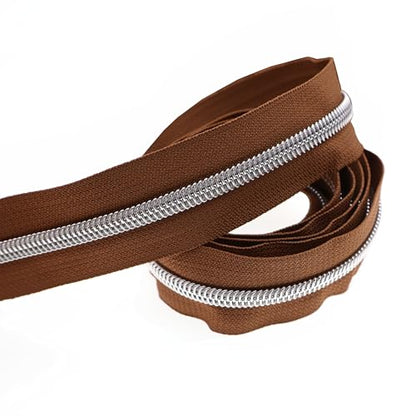 5 Silver Metallic Nylon Coil Zippers by The Yard Bulk 10 Yards Brown Zipper Tape with 25pcs Silver Ring Pull Sliders for DIY Sewing Tailor Craft Bag