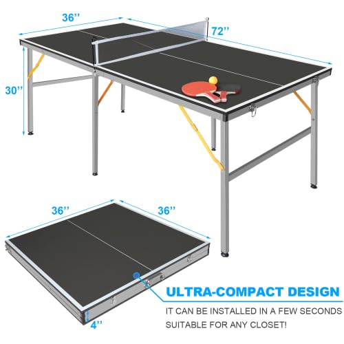 6FT/8FT/9FT Mid-Size Table Tennis Table Ping-Pong Table Set Foldable & Portable Table Indoor Outdoor for Family Game (Black, 6FT)