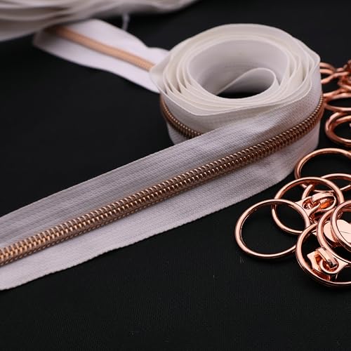 5 Rose Gold Metallic Teeth Nylon Coil Zippers by The Yard Bulk 10 Yards White Zipper Tape with 25pcs Rose Gold Ring Pull Sliders for DIY Sewing Tailor Craft Bag