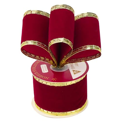 Burgundy Velvet Ribbon 2.5 Inch Dark Red Christmas Ribbon 10 Yards Maroon Velvet Wired Ribbons with Gold Greek Key Edge Burgundy Ribbons for Christmas Tree Decoration (30 Foot)