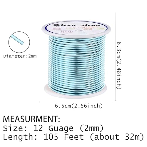 12 Gauge(2mm) Aluminum Wire 35 Yards Anodized Metal Wire for Bonsai Armature Crafting Sculpting Jewelry Craft Making Beading Floral (Ice Blue, 12 Gauge) (105 Foot)