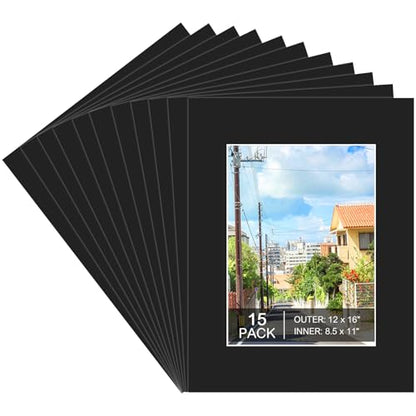 15 Pack Black Picture Mats 12x16 for 8.5x11 Photos (15 Count)