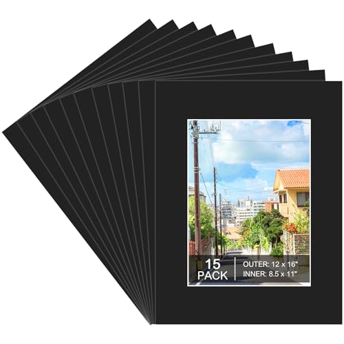 15 Pack Black Picture Mats 12x16 for 8.5x11 Photos (15 Count)