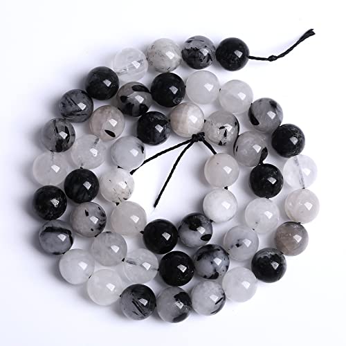 AAA Natural Black Quartz Rutilated Beads Round Loose Beads for Jewelry Making DIY Bracelet 38pcs 10mm Crystal Energy Healing Power Stone (16 Count)
