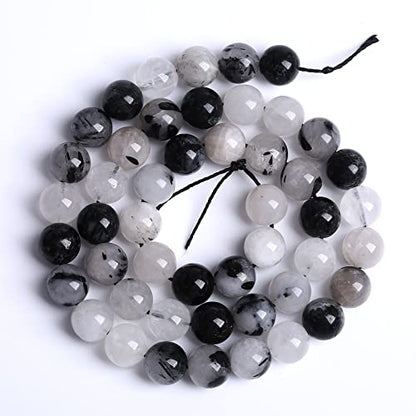 AAA Natural Black Quartz Rutilated Beads Round Loose Beads for Jewelry Making DIY Bracelet 38pcs 10mm Crystal Energy Healing Power Stone (16 Count)
