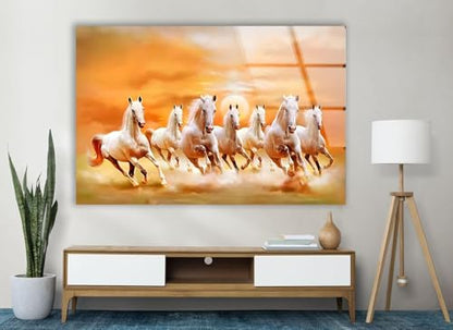 43Wx27H'' White Horses Running on Sunset Glass Wall ArtTempered Glass Printing Wall Decor Large Wall Art Wall Hangings