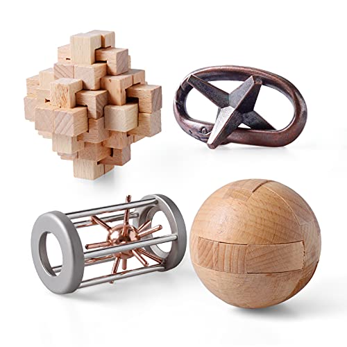 Wooden and Metal Puzzles Gift for Kids (4 Count)