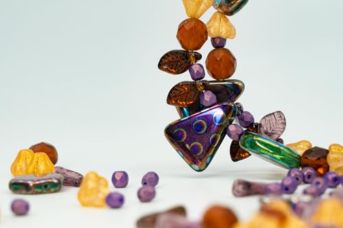 1.4oz (40g) Limited Mix of Czech Glass Beads, Hand Made Set Kit, Purple Fantasy Golden Bell Flowers