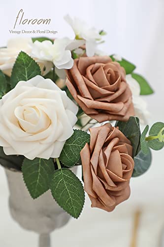 Artificial Flowers 25pcs Real Looking Gold Sparrow & Cream Foam Fake Roses with Stems for DIY Wedding Bouquets Bridal Shower Centerpieces Floral Arrangements Party Tables Home Decorations (33 Count)