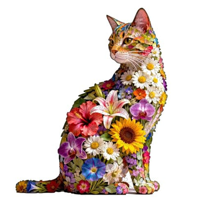 Floral cat Puzzles Adults Gifts Wooden 65 Pieces 8.5 * 6.9in (65 Count)