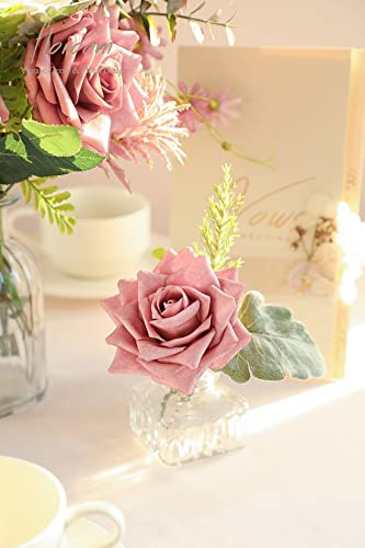Artificial Flowers 16pcs 3.5" Real Looking Dusty Rose Foam Fake Hybrid Tea Roses with Stems for DIY Wedding Bouquets Bridal Shower Centerpieces Floral Arrangements Party Tables Home Decoration (16 Count)