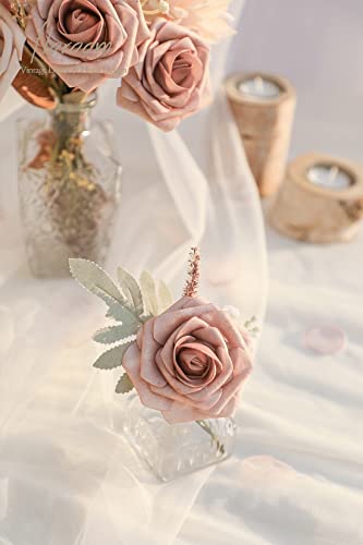 Artificial Flowers 25pcs Real Looking Warm Taupe & Nude Foam Fake Roses with Stems for DIY Wedding Bouquets Bridal Shower Centerpieces Floral Arrangements Party Tables Home Decorations (25 Count)