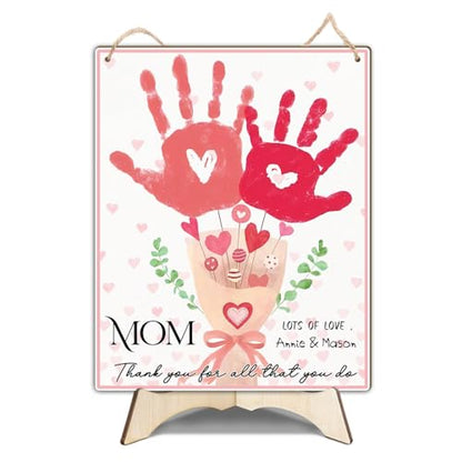 Mom Pink Floral Bouquet DIY Baby Handprints Art Craft Handprint Making Sign