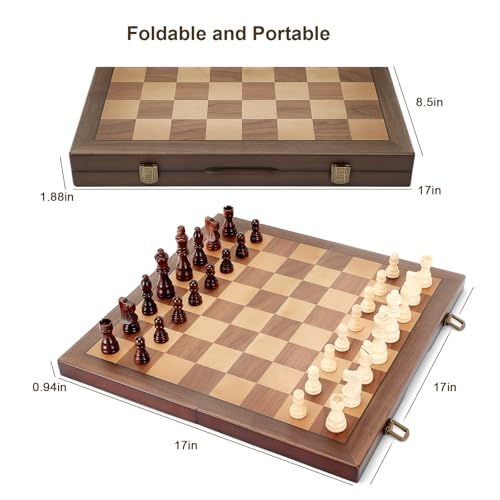 Magnetic Wooden Chess Set for Adults Kids 17'' Chess Board with Handmade Pieces