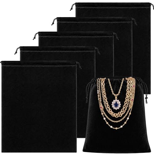 5 Pcs Black Velvet Drawstring Bags (5 Count)