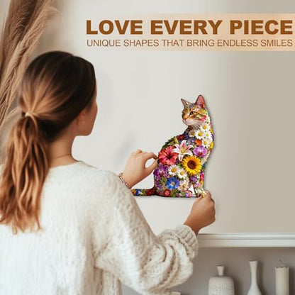 Floral cat Puzzles Adults Gifts Wooden 65 Pieces 8.5 * 6.9in (65 Count)