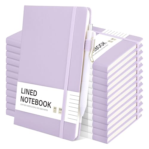 12 Set Lined Notebook Journals with Pens A5 Notebooks 100 GSM College Ruled Hardcover Notebook PU Leather Notepad with Pen Holder for Office School (60 Count)