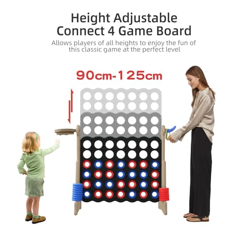 Jumbo 4-in-a-Row Game Set, Height Adjustable Indoor Outdoor Yard Game with Basketball Hoop, Ring Toss & Carrying Bag, Family Party Lawn Game for Kids and Adults (Grey & Black)