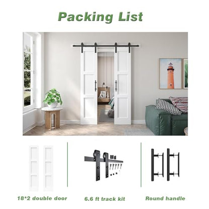 Double 18x84 inch White Barn Door with 6.6FT Barn Door Hardware Kit Included