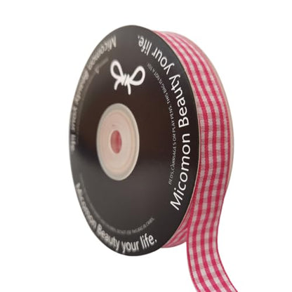 Pink and White Woven Edge Plaid Chekered Ribbon 100% Polyester Gingham Ribbon 25 Yards Each Roll for Easter Packing Decoration (72 Foot)