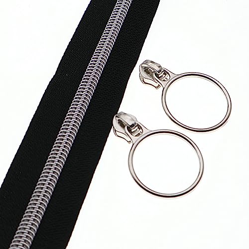 5 Silver Metallic Nylon Coil Zippers by The Yard Bulk 10 Yards Black Zipper Tape with 25pcs Silver Sliders for DIY Sewing Tailor Craft Bag