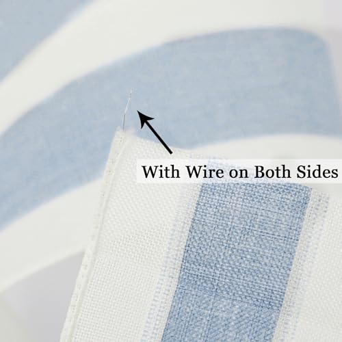 Blue and White Stripe Ribbon Wired 2.5 Inch Light Blue Burlap Ribbons with Ivory Stripe Edge Wreath Supplies (30 Foot)